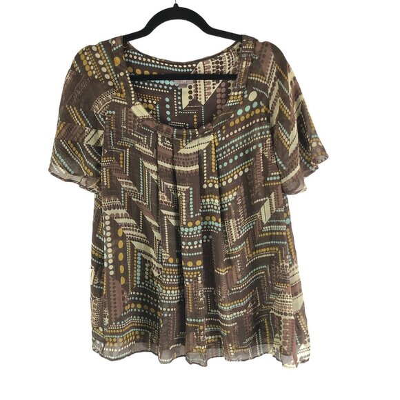 J. Jill Womens Geometric Print Silk Pleated Blouse Brown & Blue XL - Picture 1 of 4